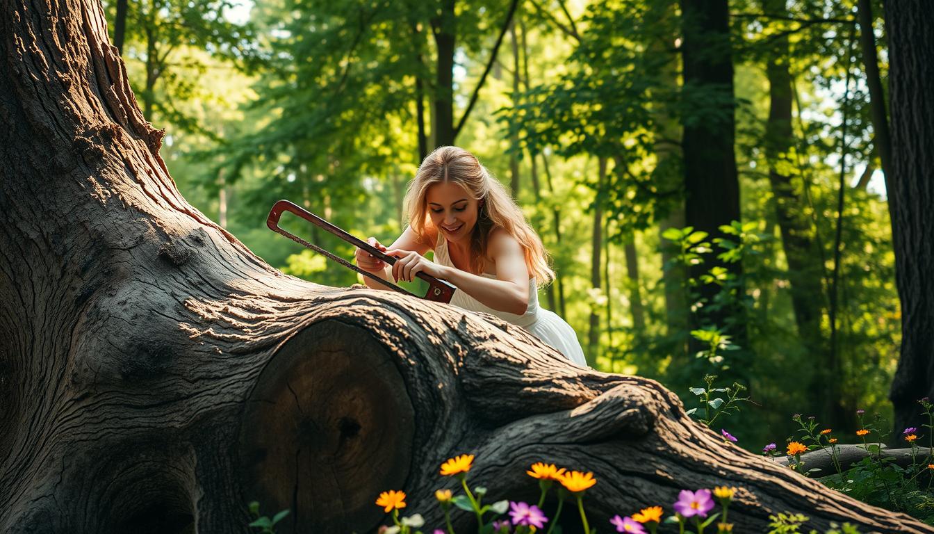 Baumstamm sägen zur Hochzeit